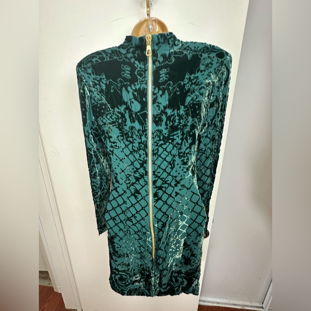 Balmain X H&M Green‎ Silk Viscose Velvet Floral High Neck Chic Mini Dress NWT 6 - Picture 8 of 16